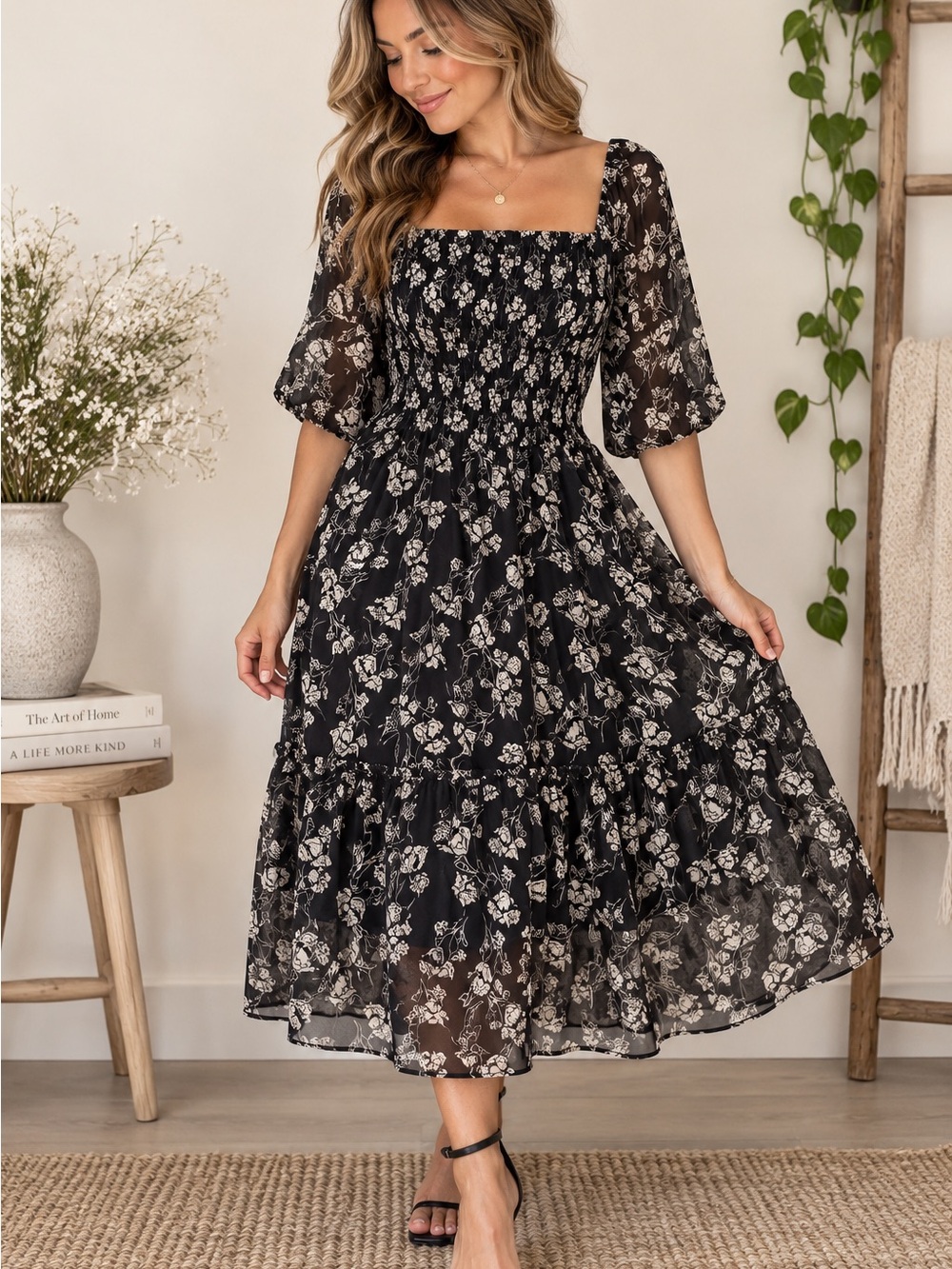 Nifty Soul Black Floral Smocked Midi Dress Size 18